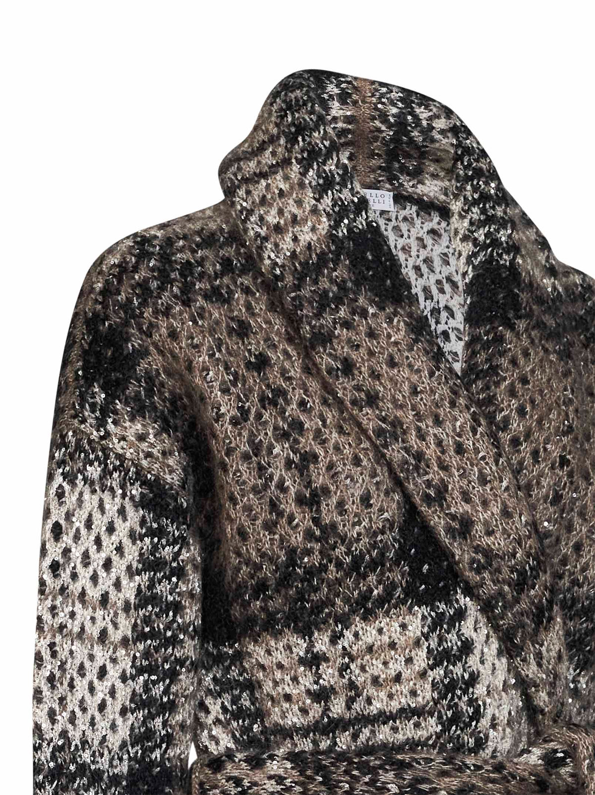 Cardigan con cintura Dazzling Tartan in maglia double avorio e nero