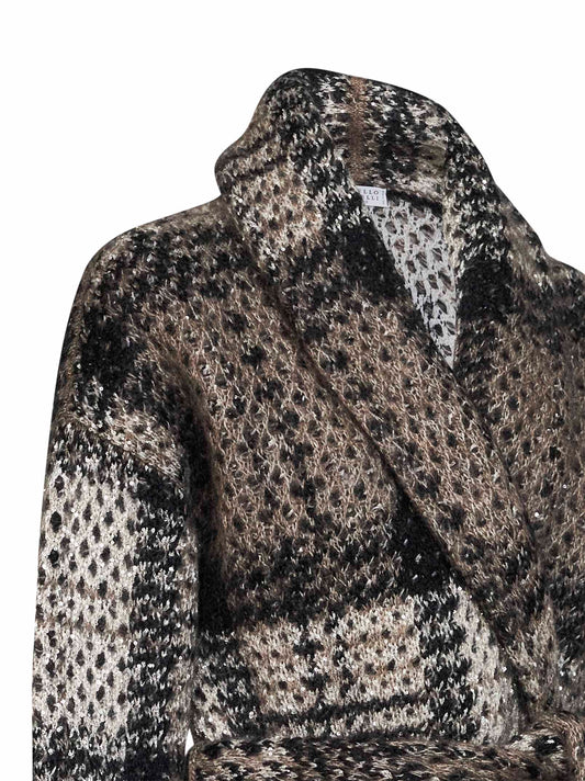 Cardigan con cintura Dazzling Tartan in maglia double avorio e nero