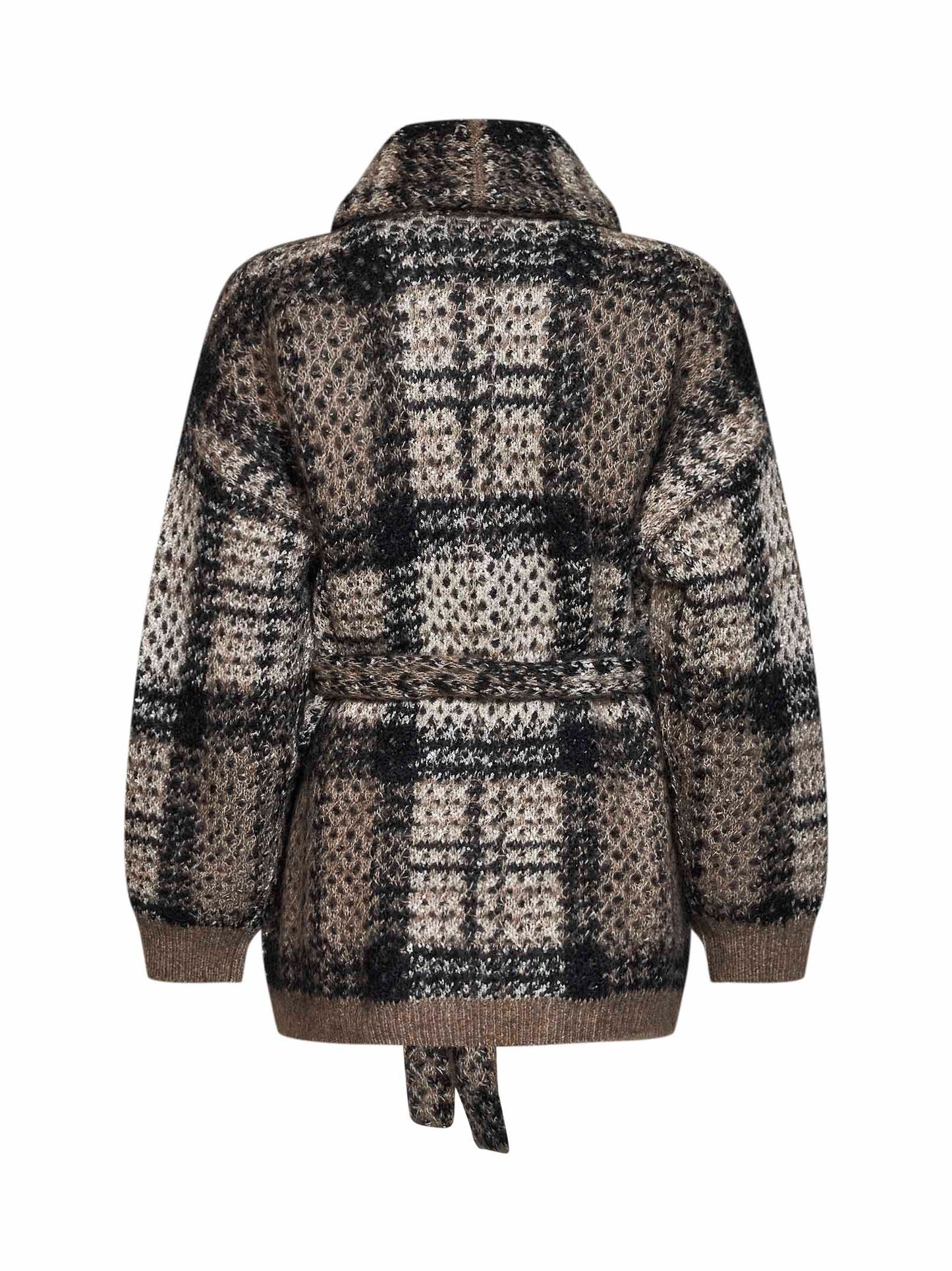 Cardigan con cintura Dazzling Tartan in maglia double avorio e nero