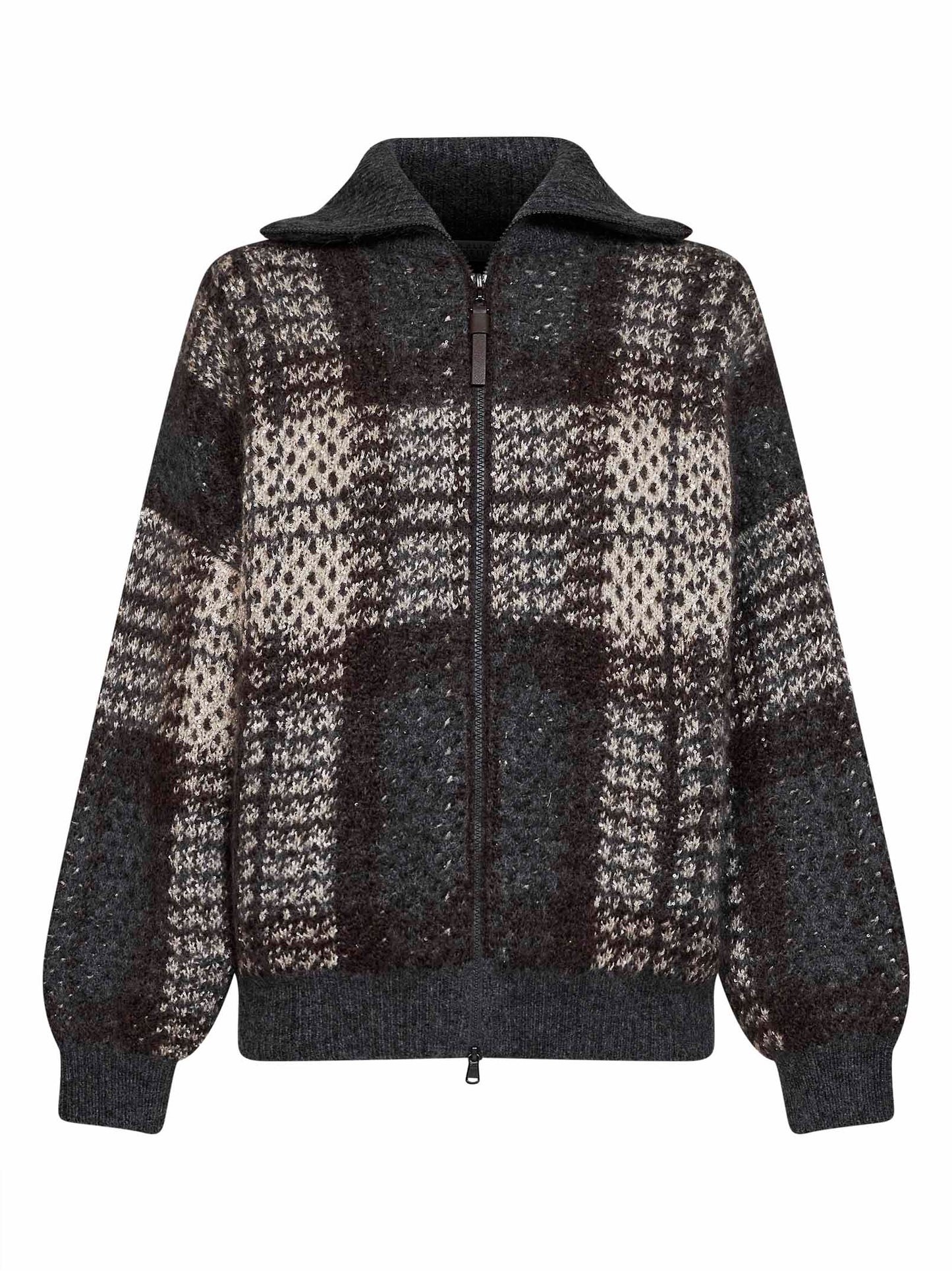 Cardigan Dazzling Tartan in maglia double antracite con Shiny Zipper Pull