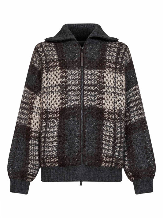 Cardigan Dazzling Tartan in maglia double antracite con Shiny Zipper Pull