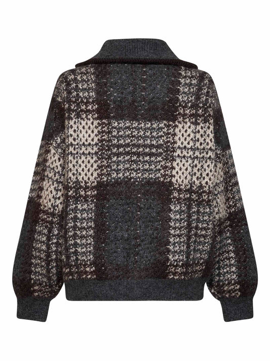 Cardigan Dazzling Tartan in maglia double antracite con Shiny Zipper Pull