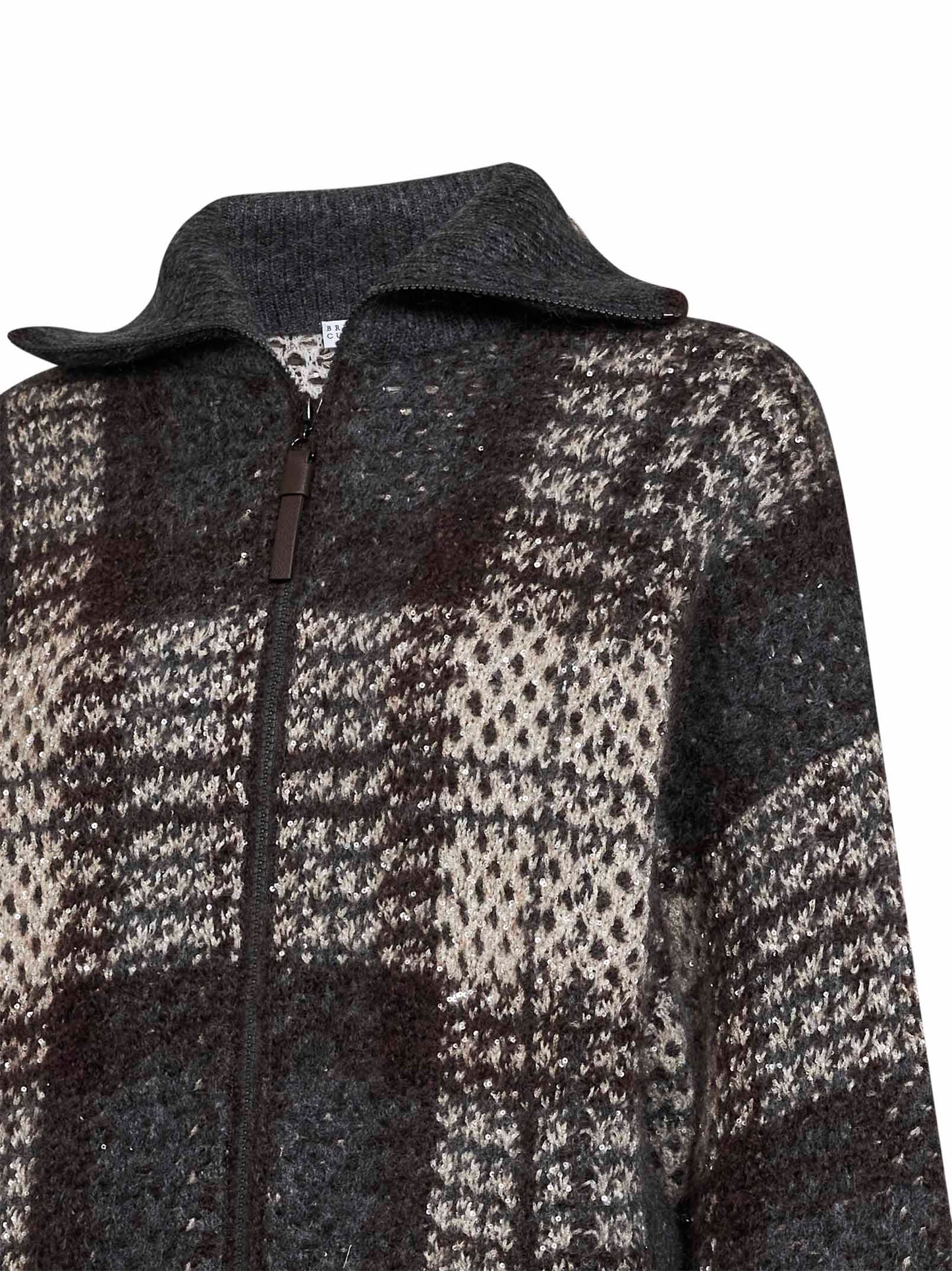 Cardigan Dazzling Tartan in maglia double antracite con Shiny Zipper Pull