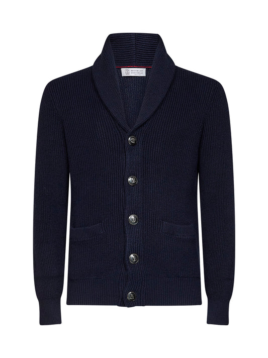 Cardigan sciallato in maglia a costa Inglese blu navy