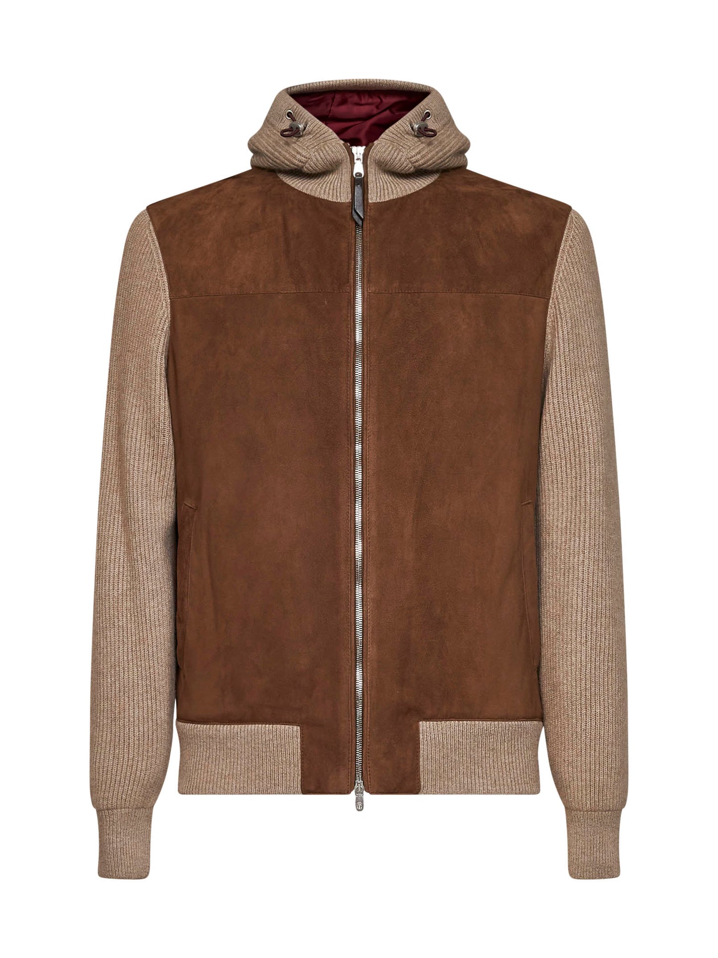 Mink and brown suede and knit hooded jacket