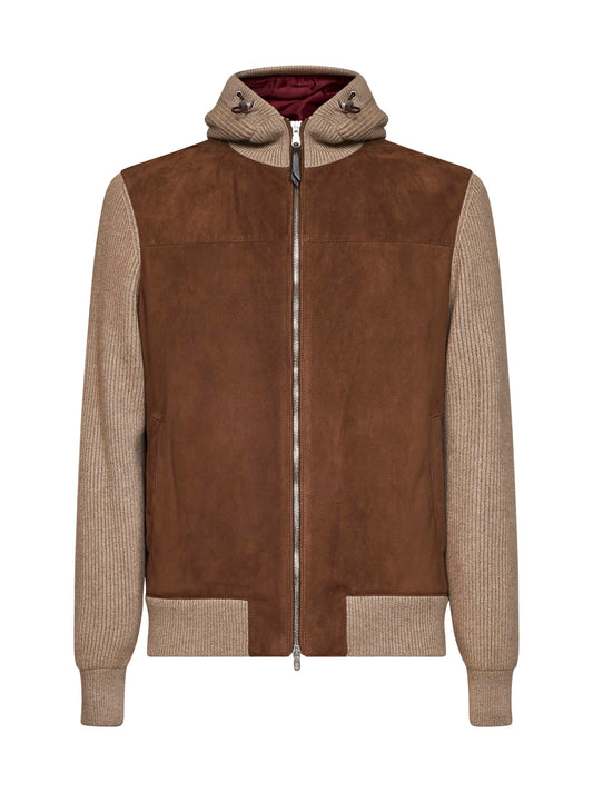 Mink and brown suede and knit hooded jacket