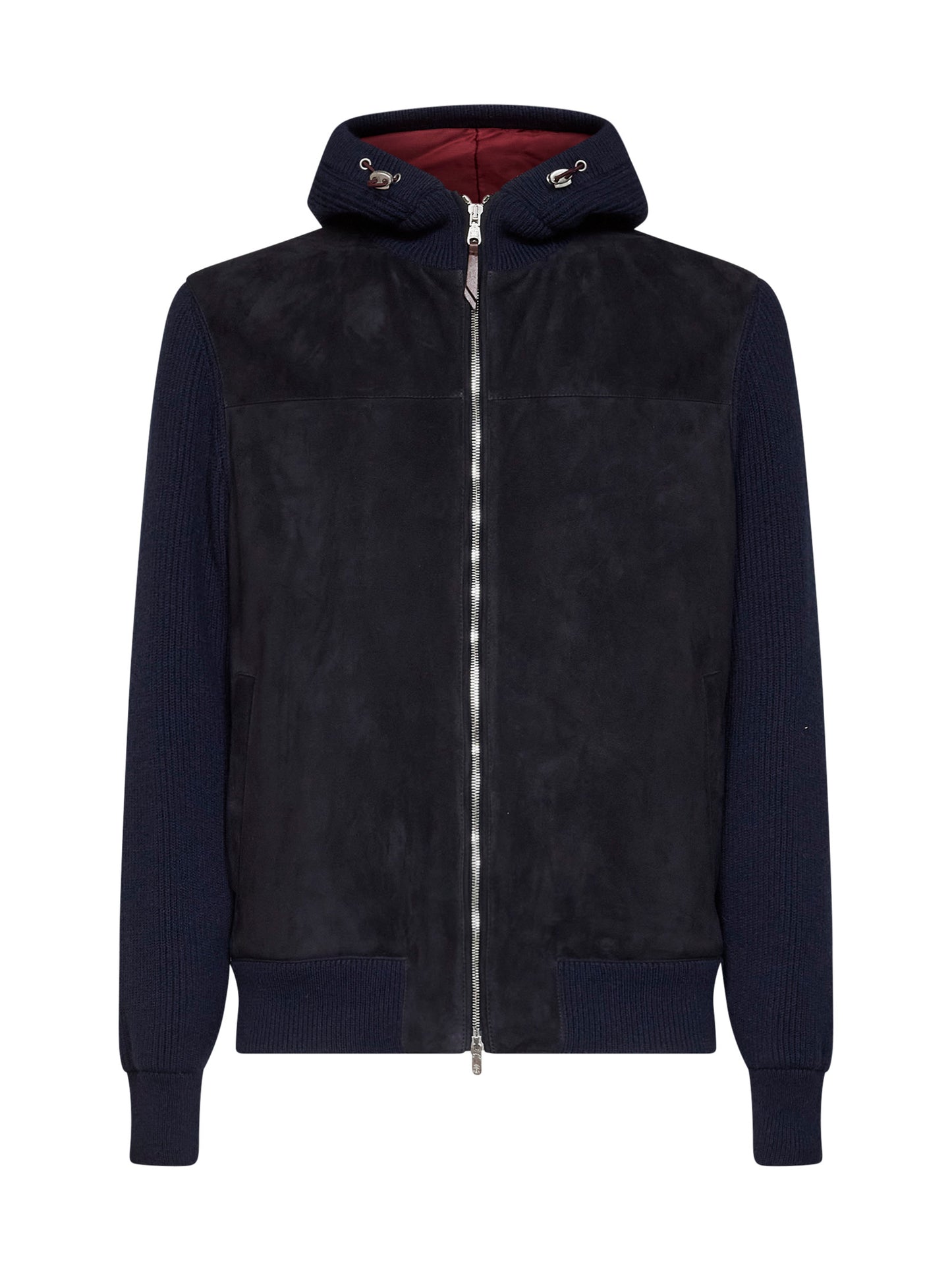 Navy blue suede and knit hooded jacket