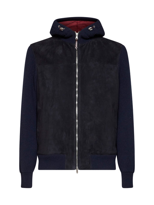 Giubbino con cappuccio in camoscio e maglia blu navy