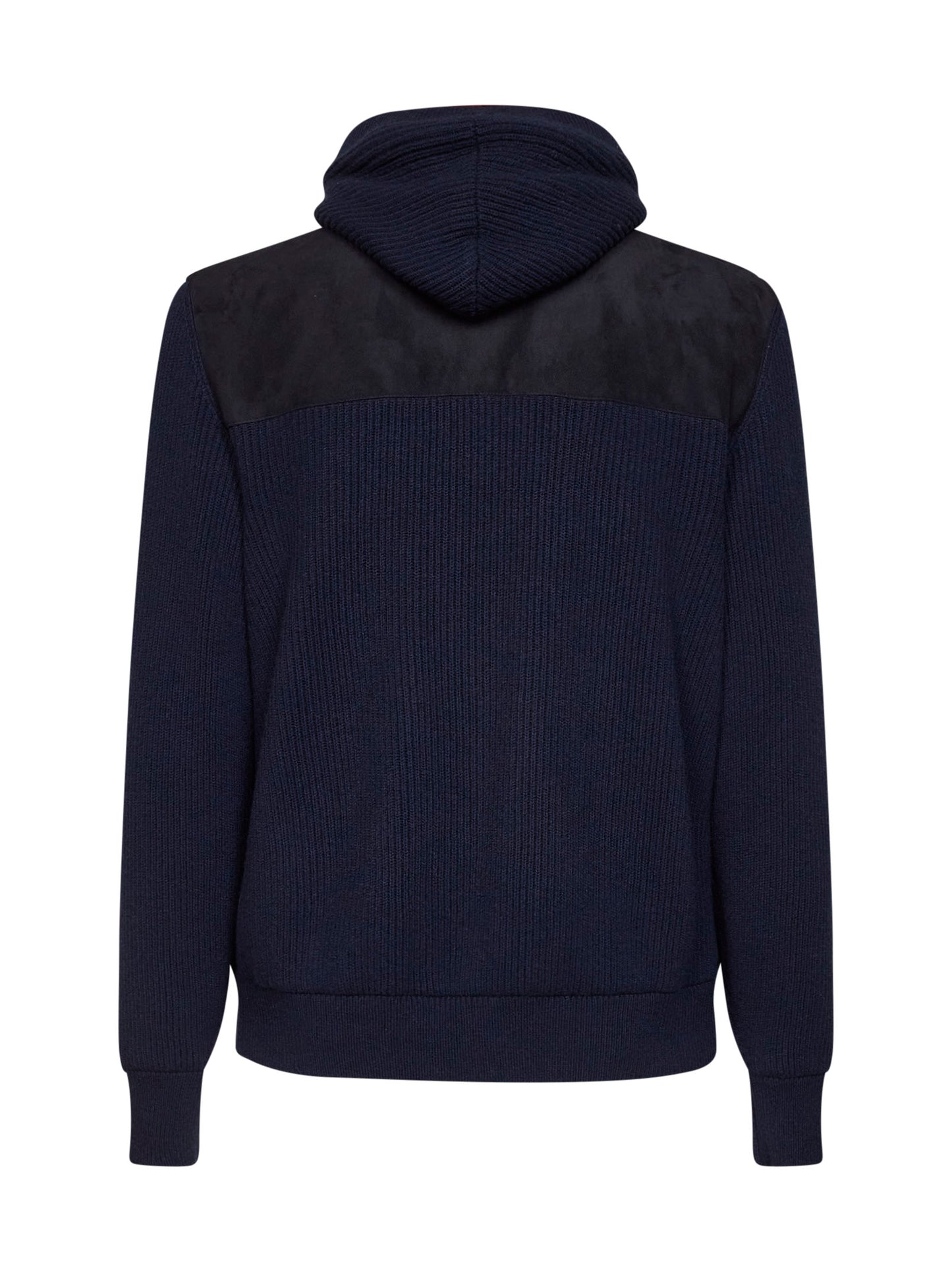 Navy blue suede and knit hooded jacket