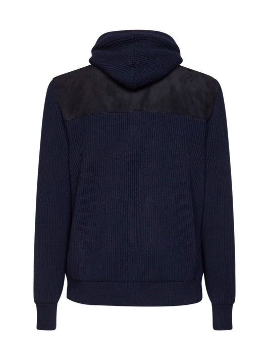 Giubbino con cappuccio in camoscio e maglia blu navy