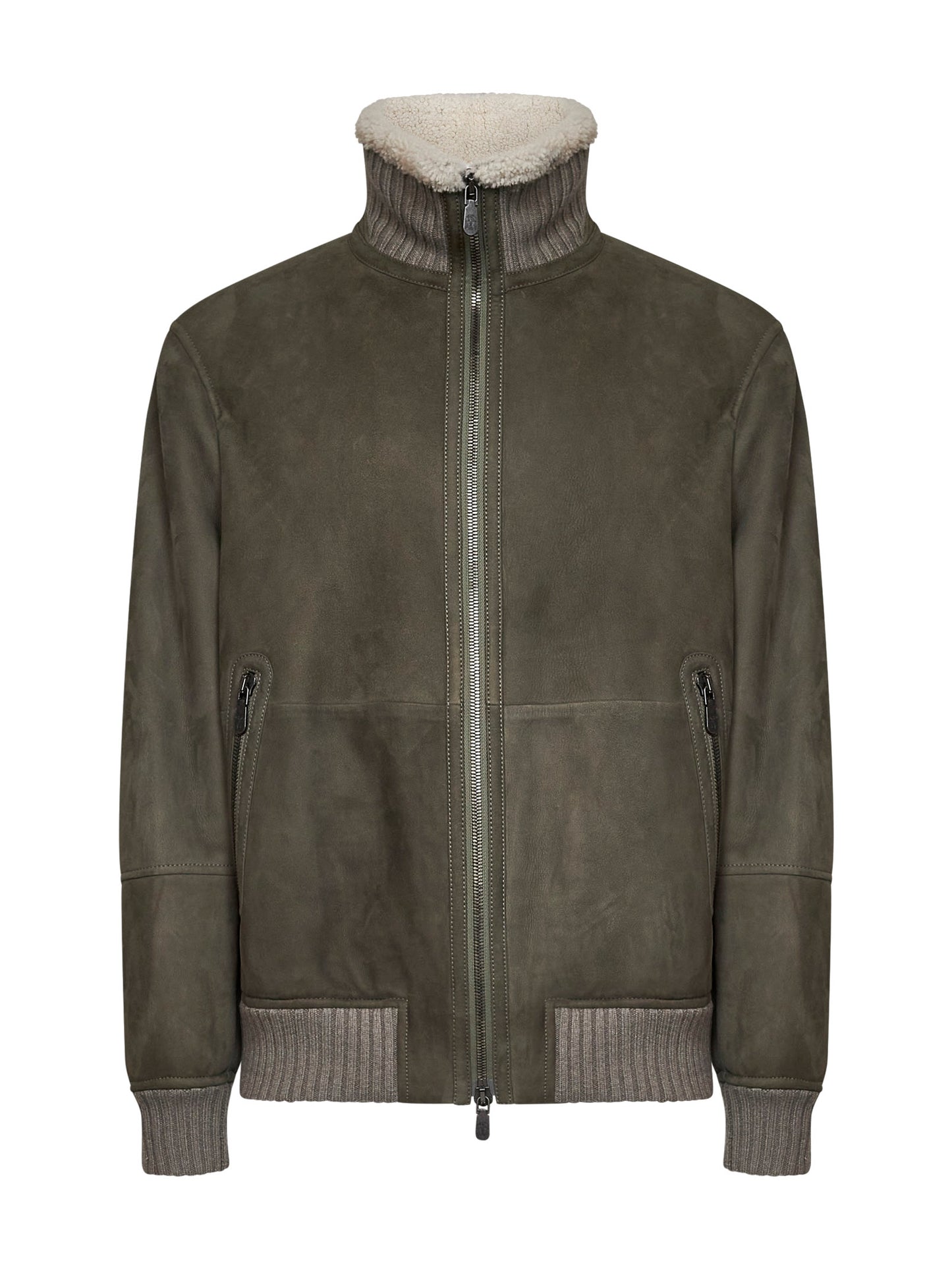 Military green sheepskin bomber jacket