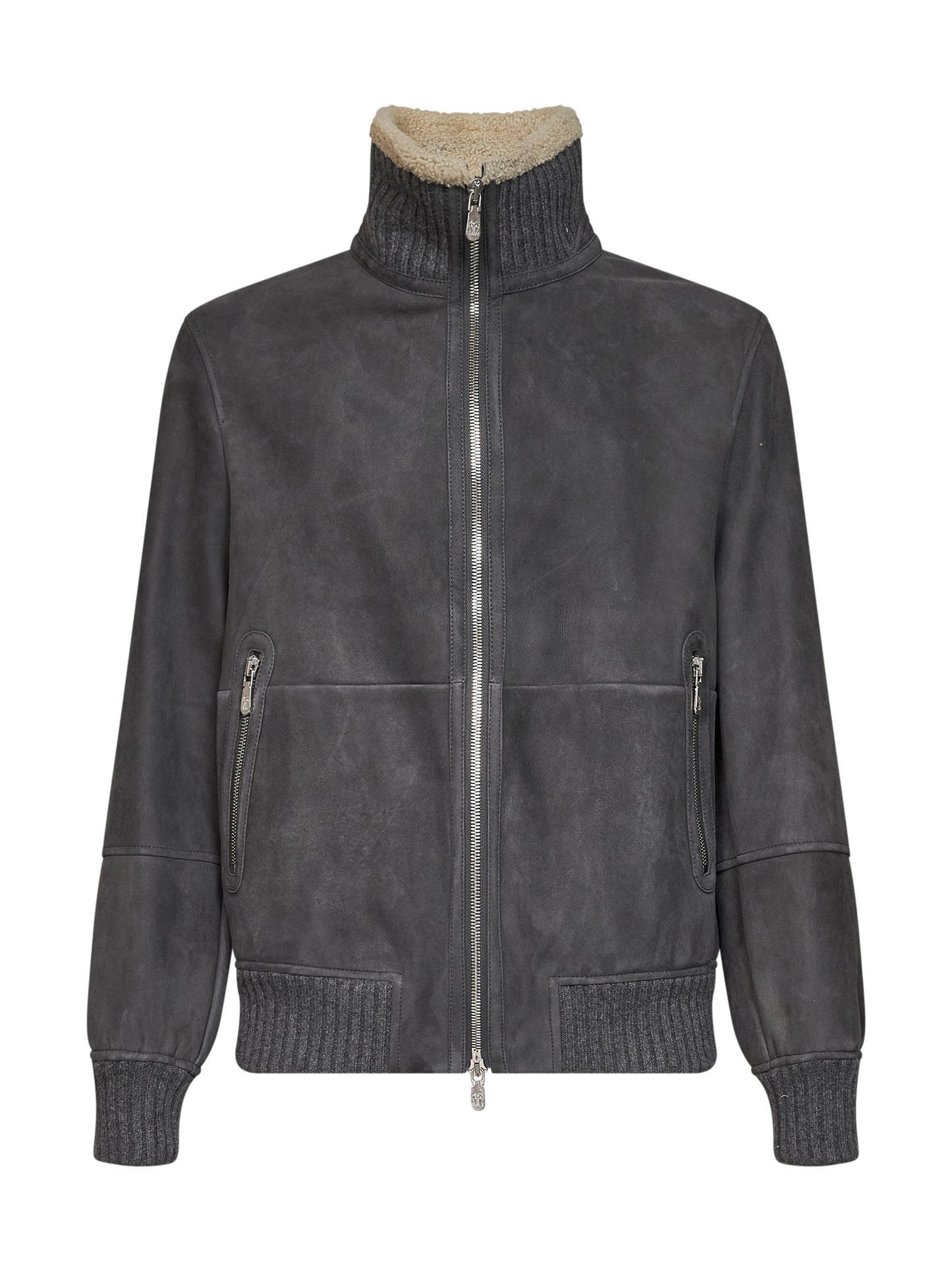 Steel grey sheepskin bomber jacket