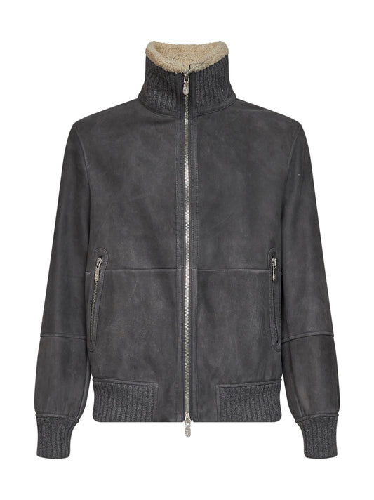 Steel grey sheepskin bomber jacket