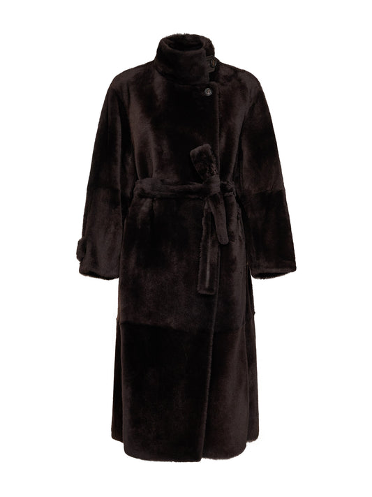 Dark brown shearling belted coat
