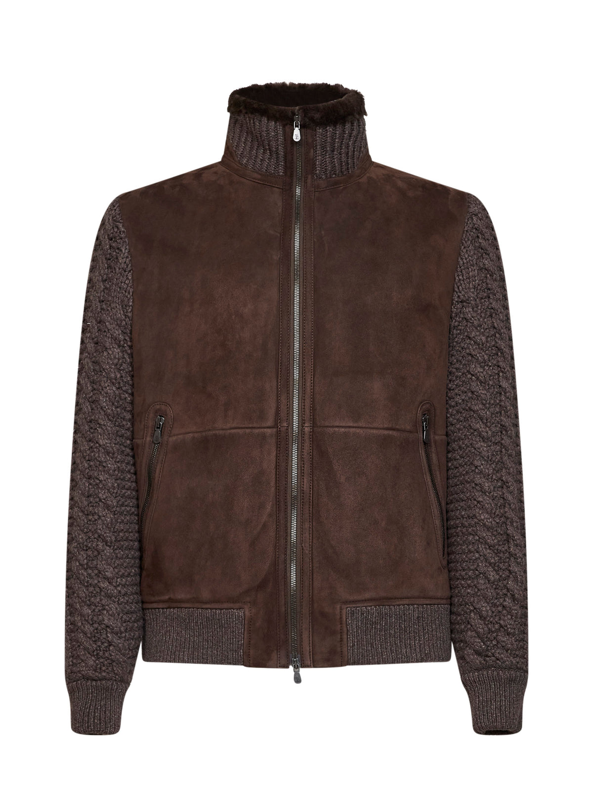 Brown suede shearling and cashmere knit bomber jacket