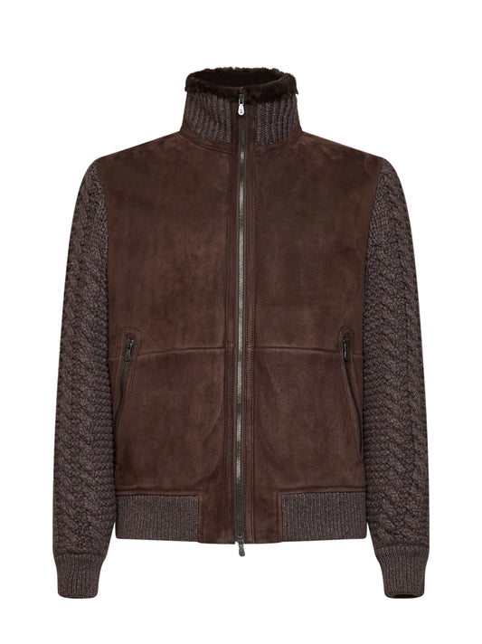 Bomber in shearling scamosciato e maglia di cashmere marrone