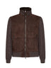 Brown suede shearling and cashmere knit bomber jacket