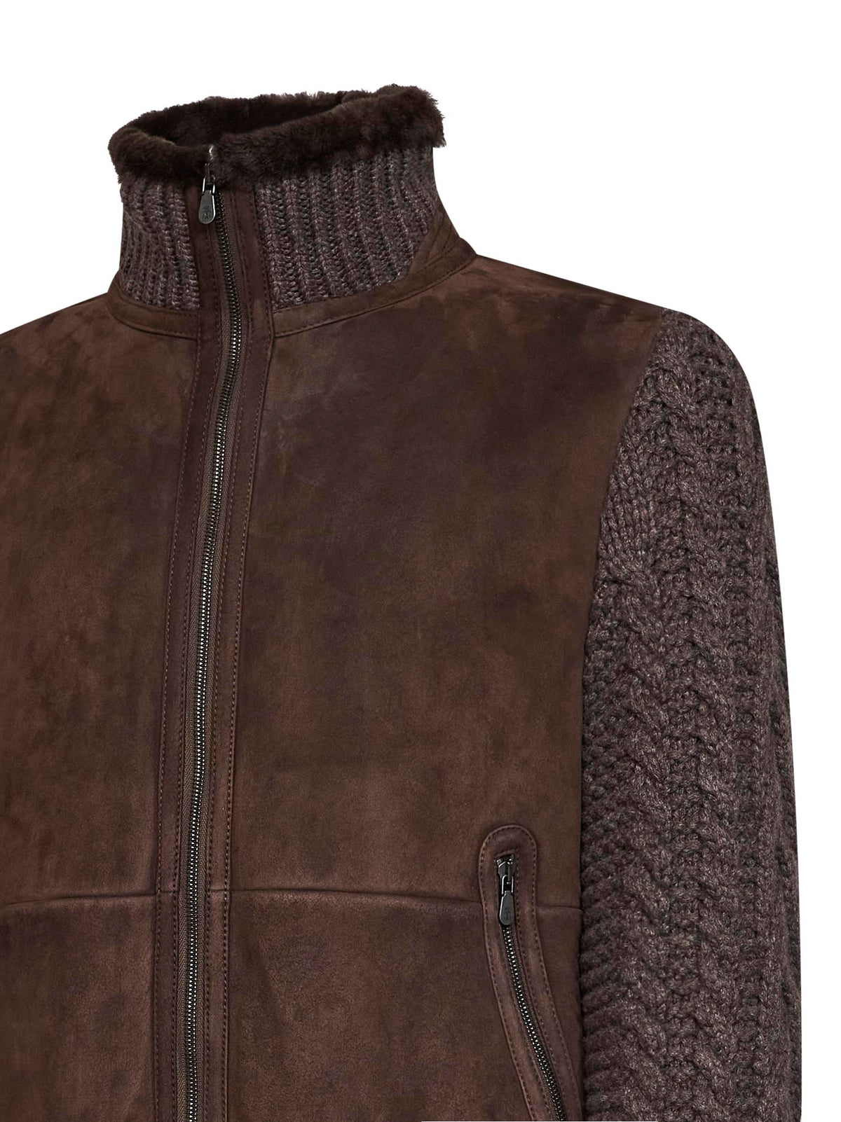 Brown suede shearling and cashmere knit bomber jacket