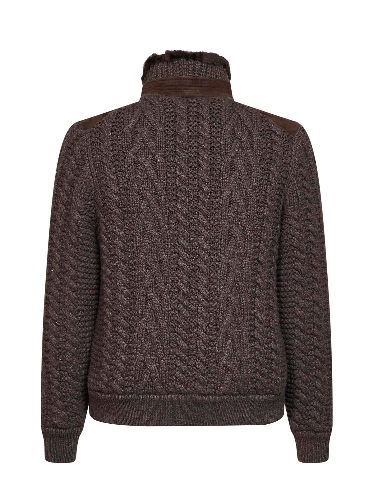 Brown suede shearling and cashmere knit bomber jacket