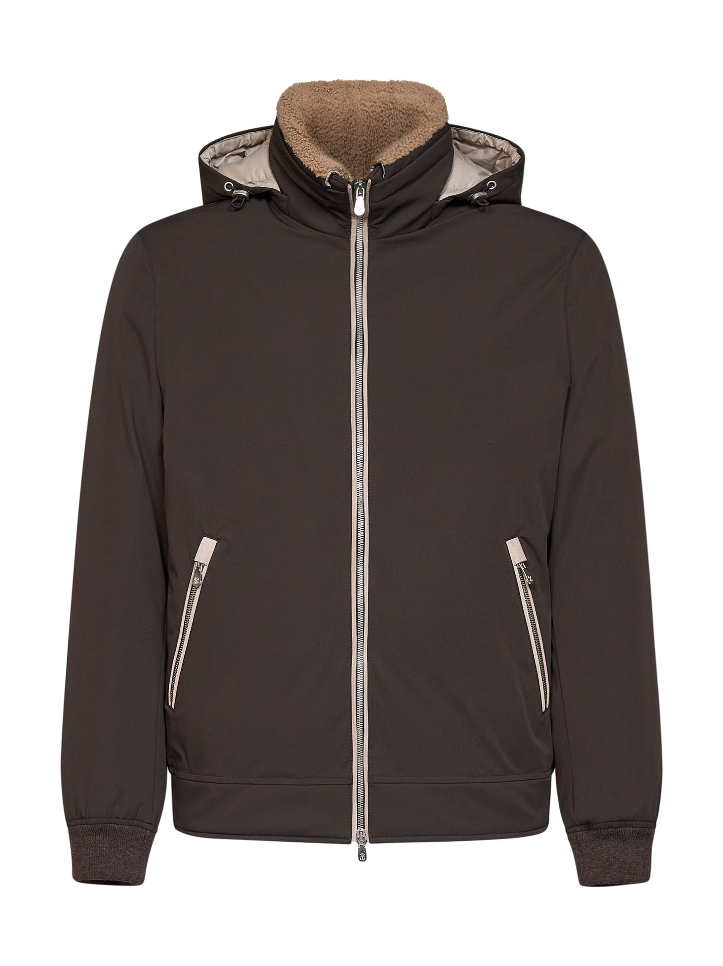 Dark brown bonded nylon hooded down jacket