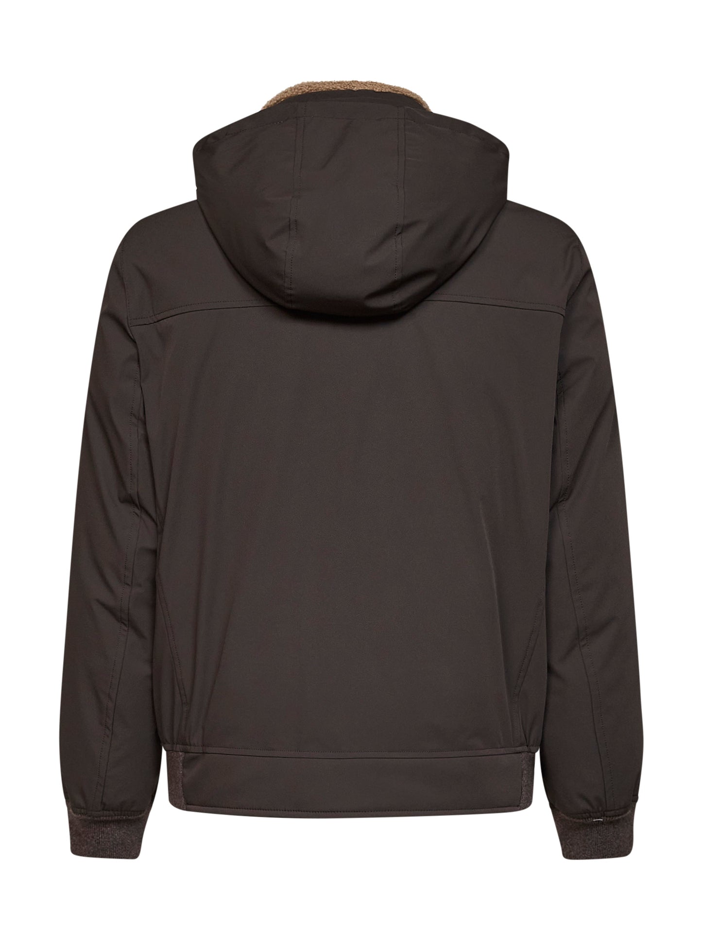 Dark brown bonded nylon hooded down jacket