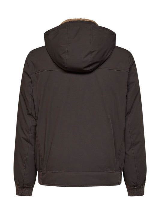 Dark brown bonded nylon hooded down jacket