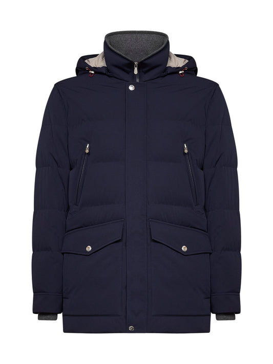 Parka imbottito con cappuccio in nylon membranato cobalto