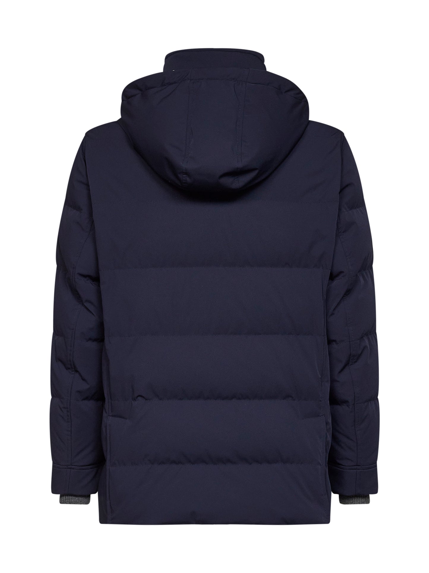 Cobalt blue bonded nylon padded hooded parka