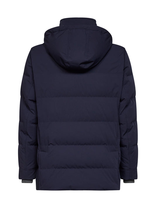 Parka imbottito con cappuccio in nylon membranato cobalto