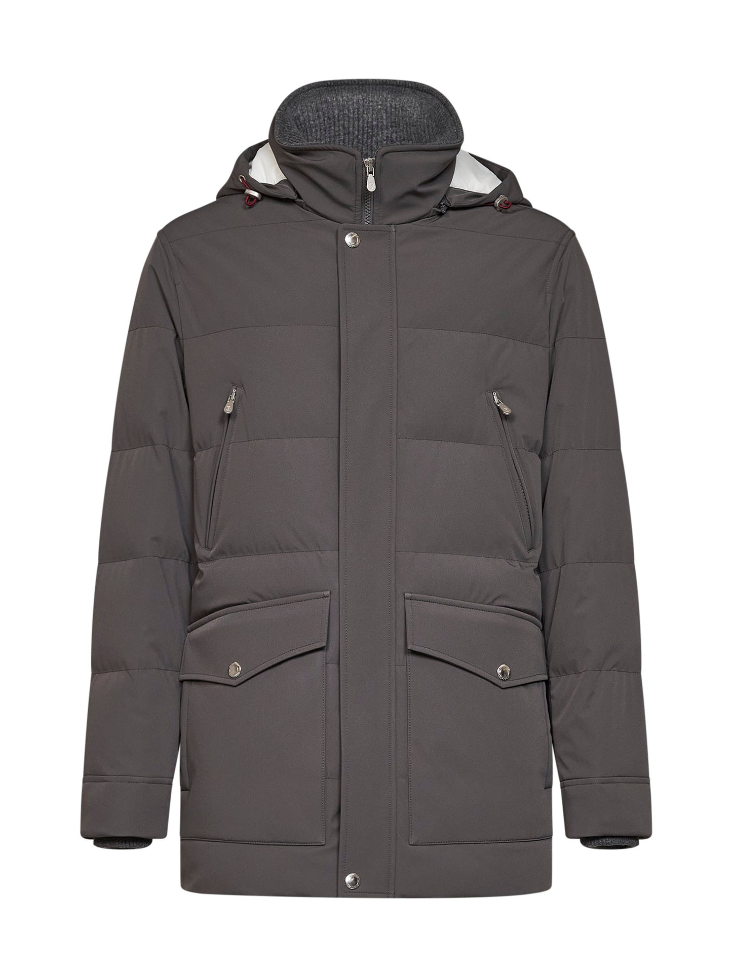Steel grey bonded nylon padded hooded parka