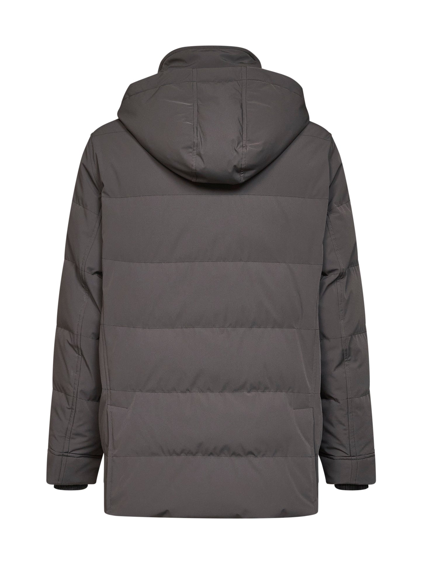 Steel grey bonded nylon padded hooded parka