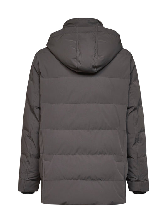 Steel grey bonded nylon padded hooded parka