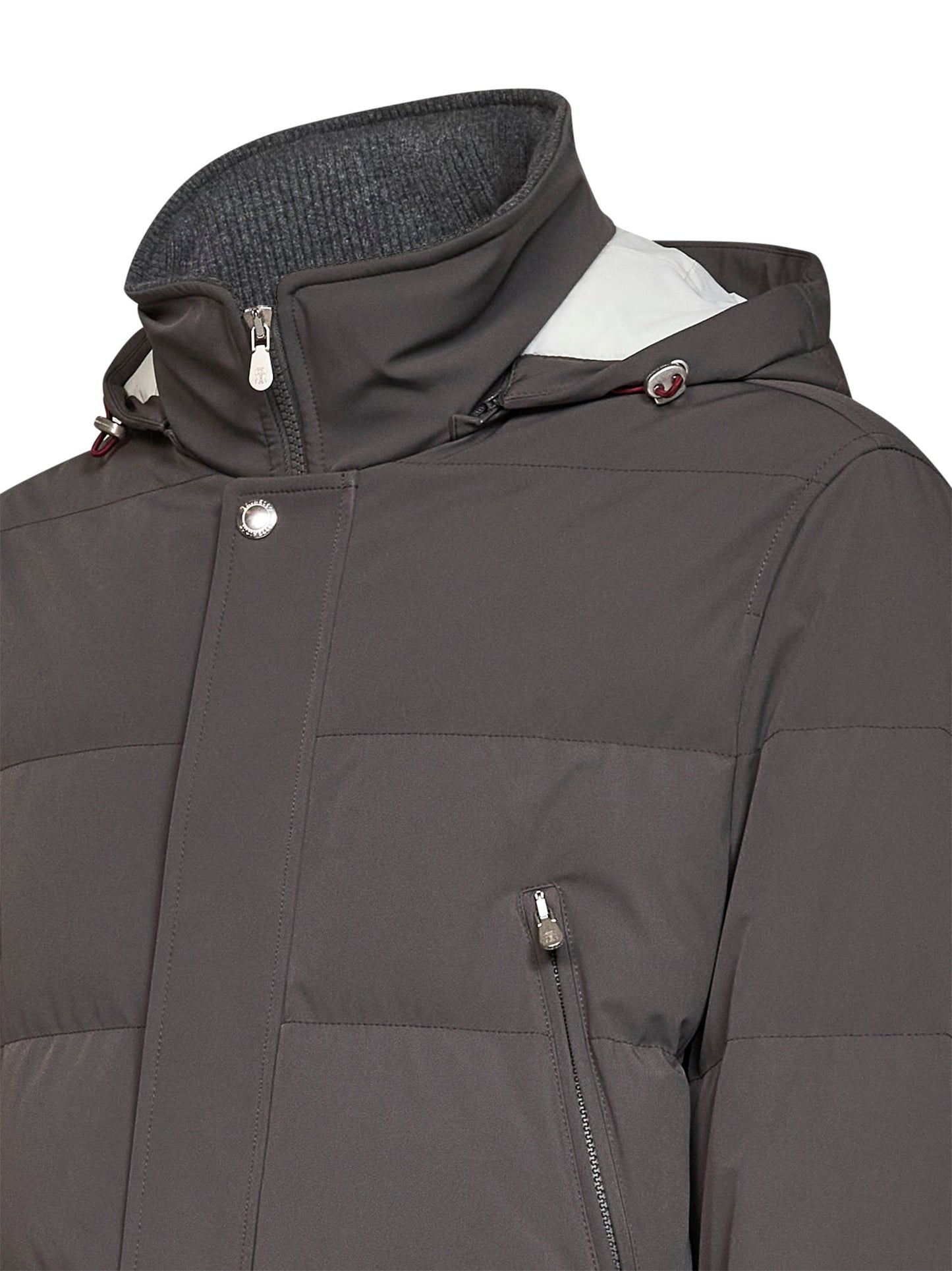 Steel grey bonded nylon padded hooded parka