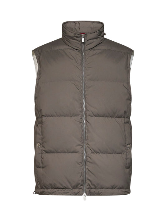 Gilet imbottito con cappuccio in nylon membranato verde militare lavato