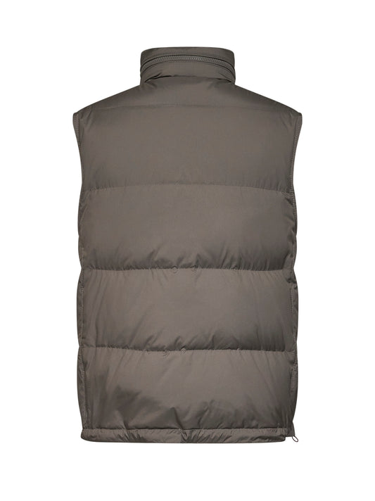 Gilet imbottito con cappuccio in nylon membranato verde militare lavato