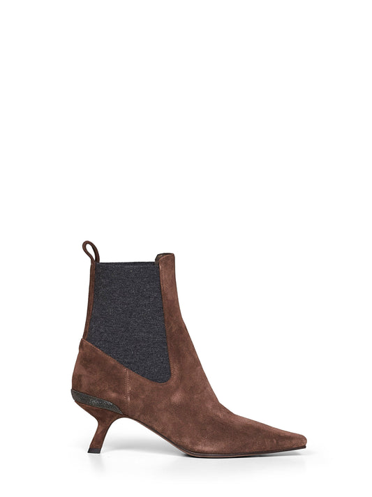 Espresso suede heeled ankle boots with Precious Details