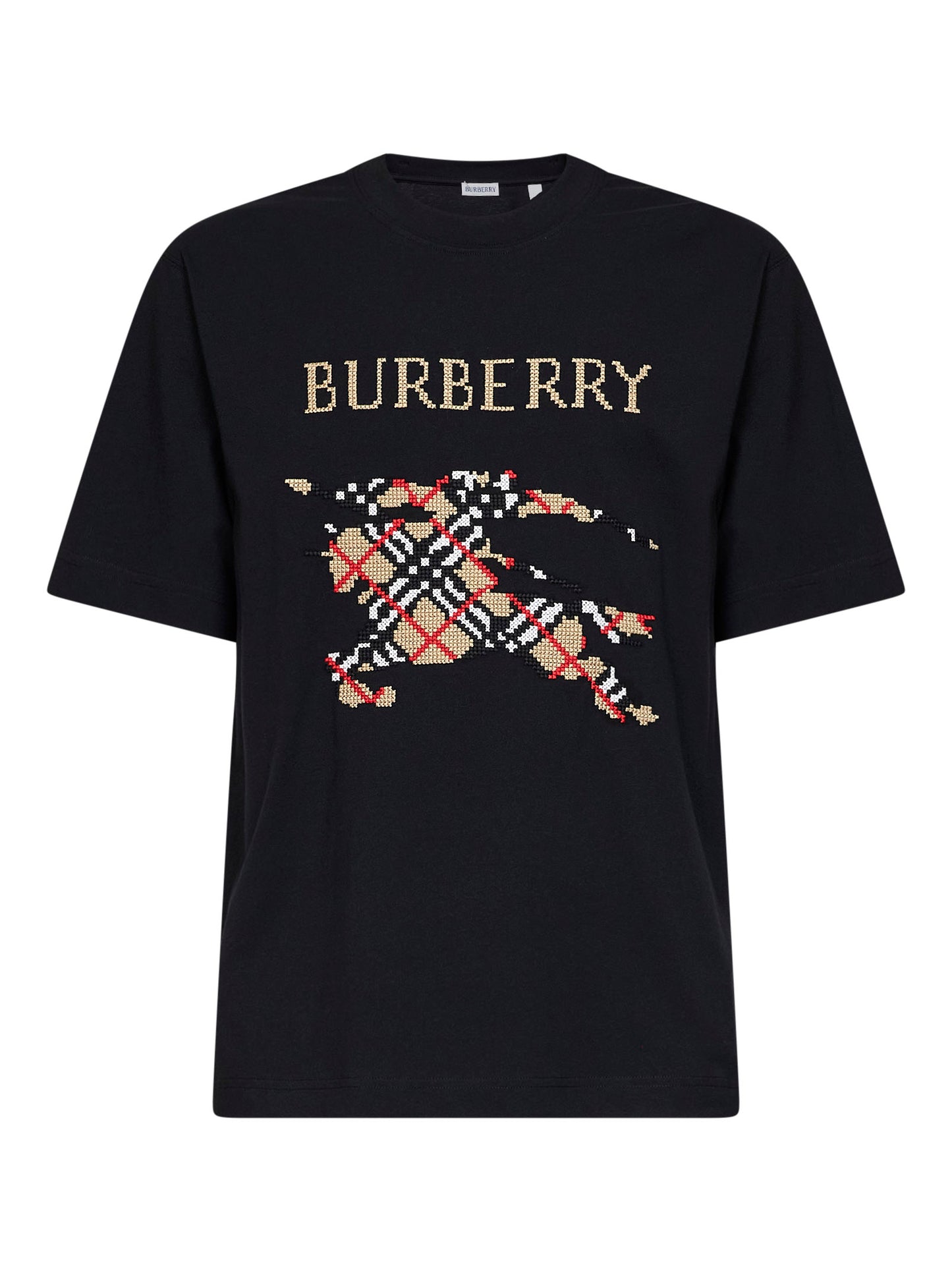 T-shirt in cotone nero con cavaliere a punto croce