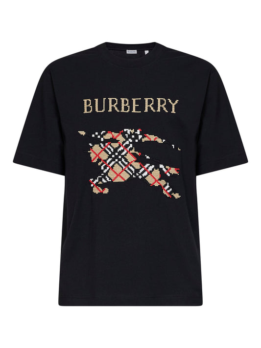 Black cotton T-shirt with cross-stitch knight