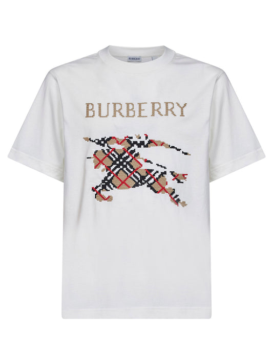 Chalk white cotton T-shirt with cross-stitch knight