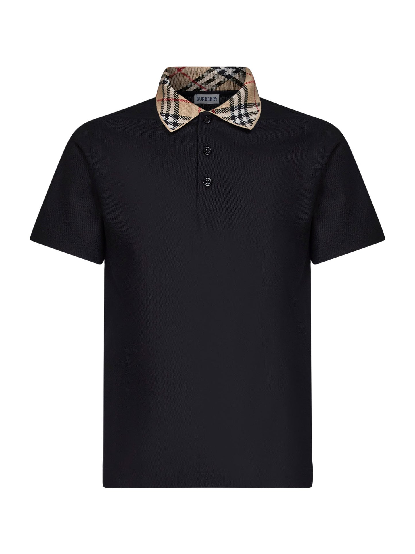 Black cotton pique polo shirt with Check collar