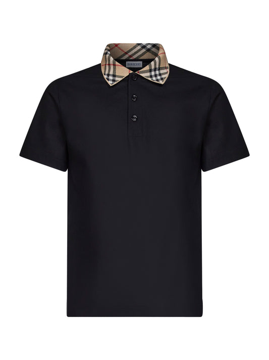 Black cotton pique polo shirt with Check collar