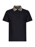 Black cotton pique polo shirt with Check collar