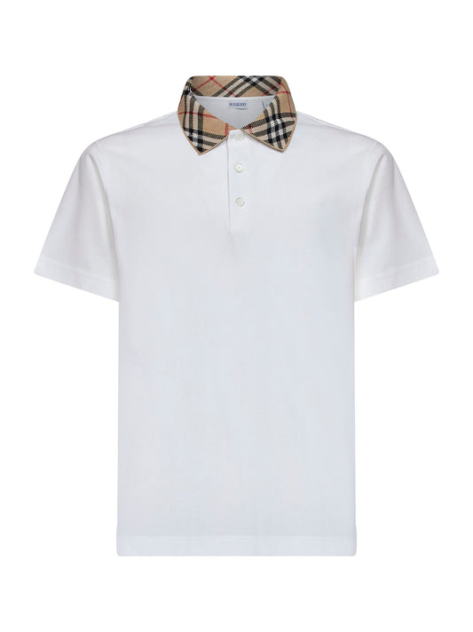 Polo in piquet di cotone bianco gesso con colletto Check