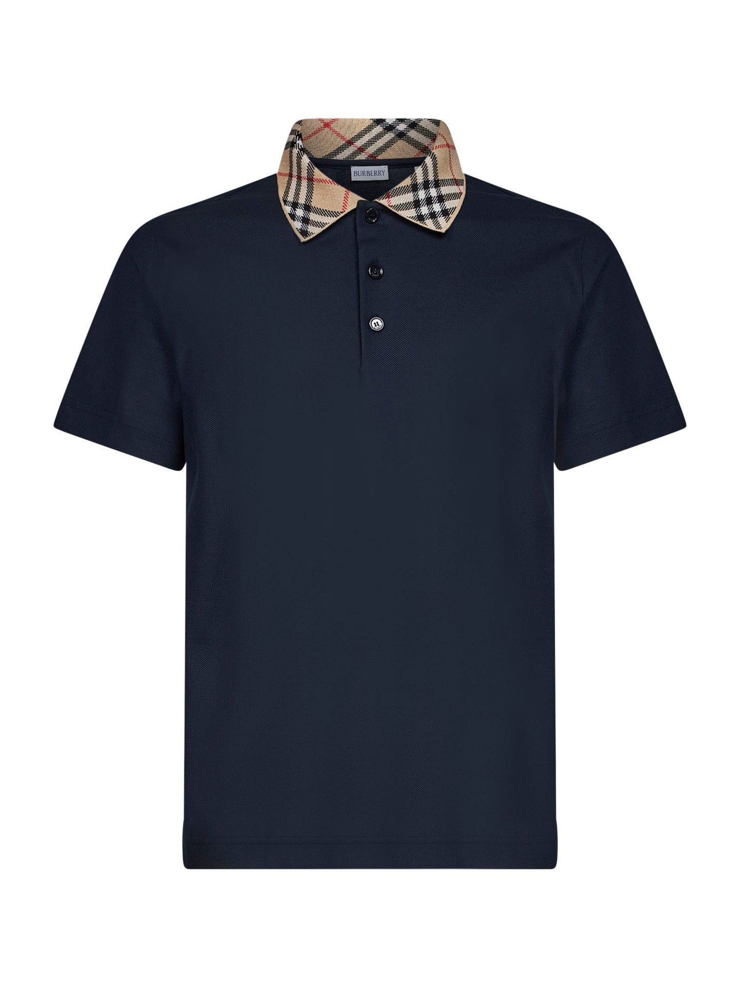 Navy blue cotton pique polo shirt with Check collar