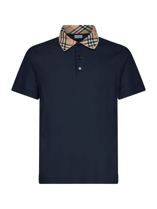 Navy blue cotton pique polo shirt with Check collar