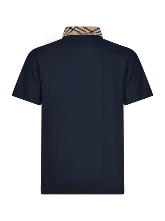 Navy blue cotton pique polo shirt with Check collar