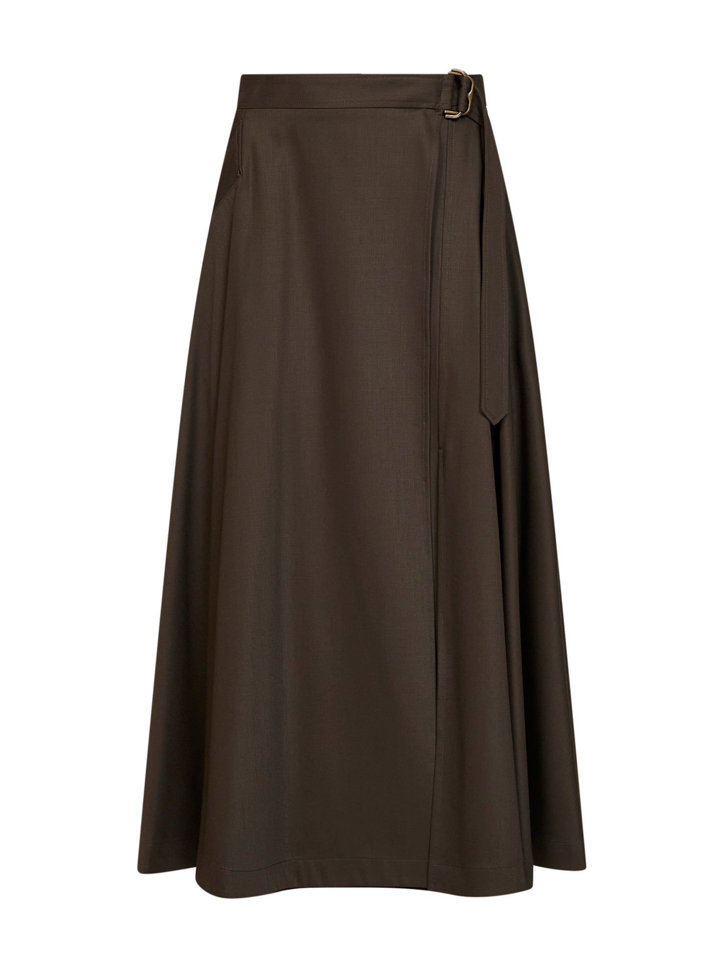 Green wool twill belted midi skirt