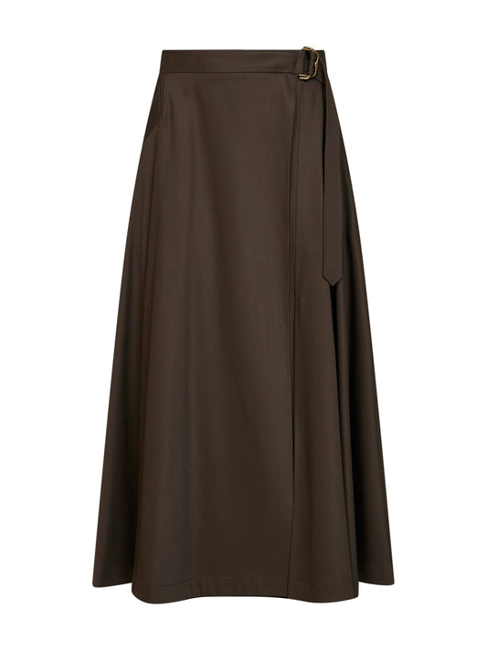 Gonna midi con cintura in twill di lana verde