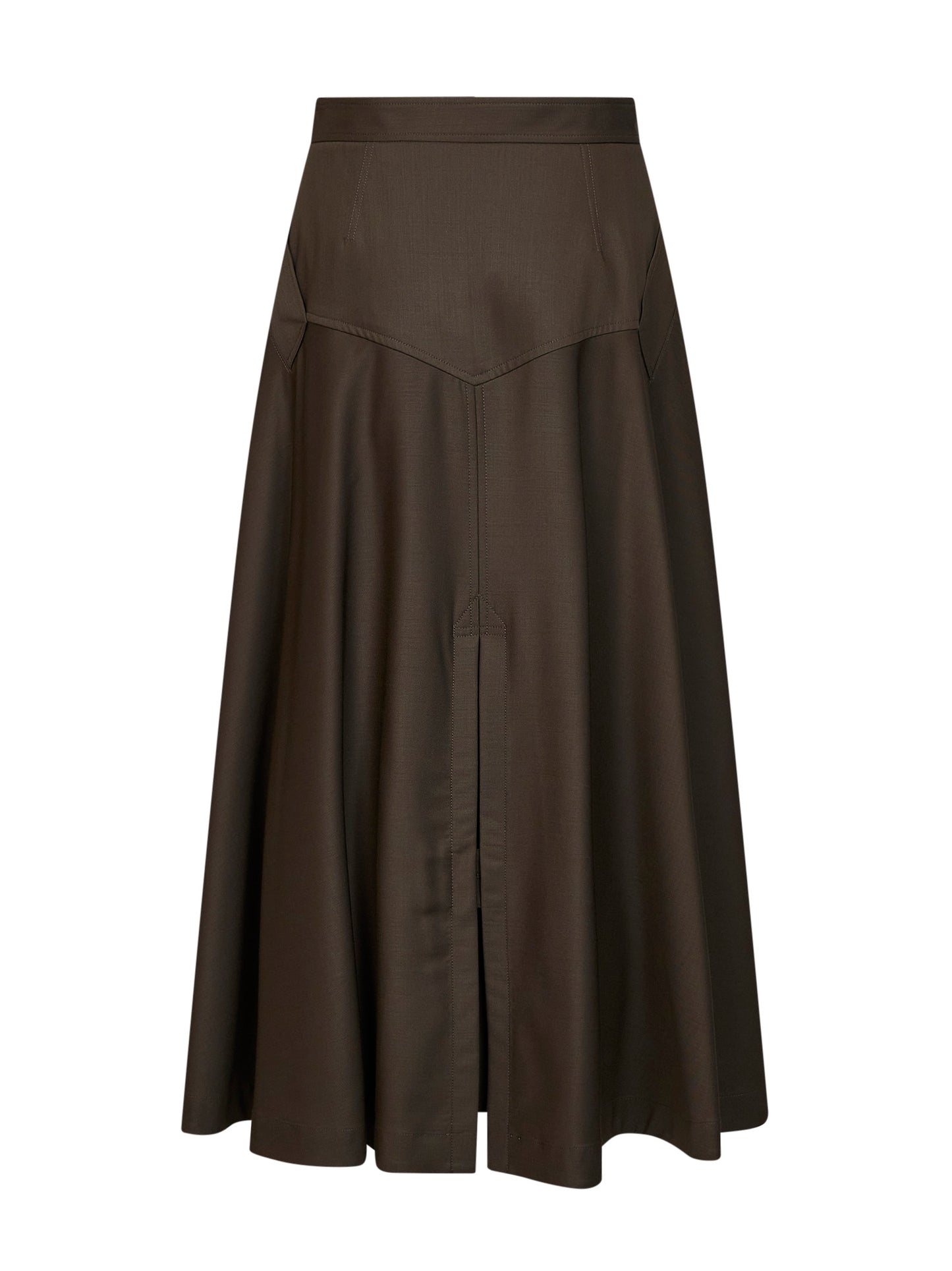 Green wool twill belted midi skirt