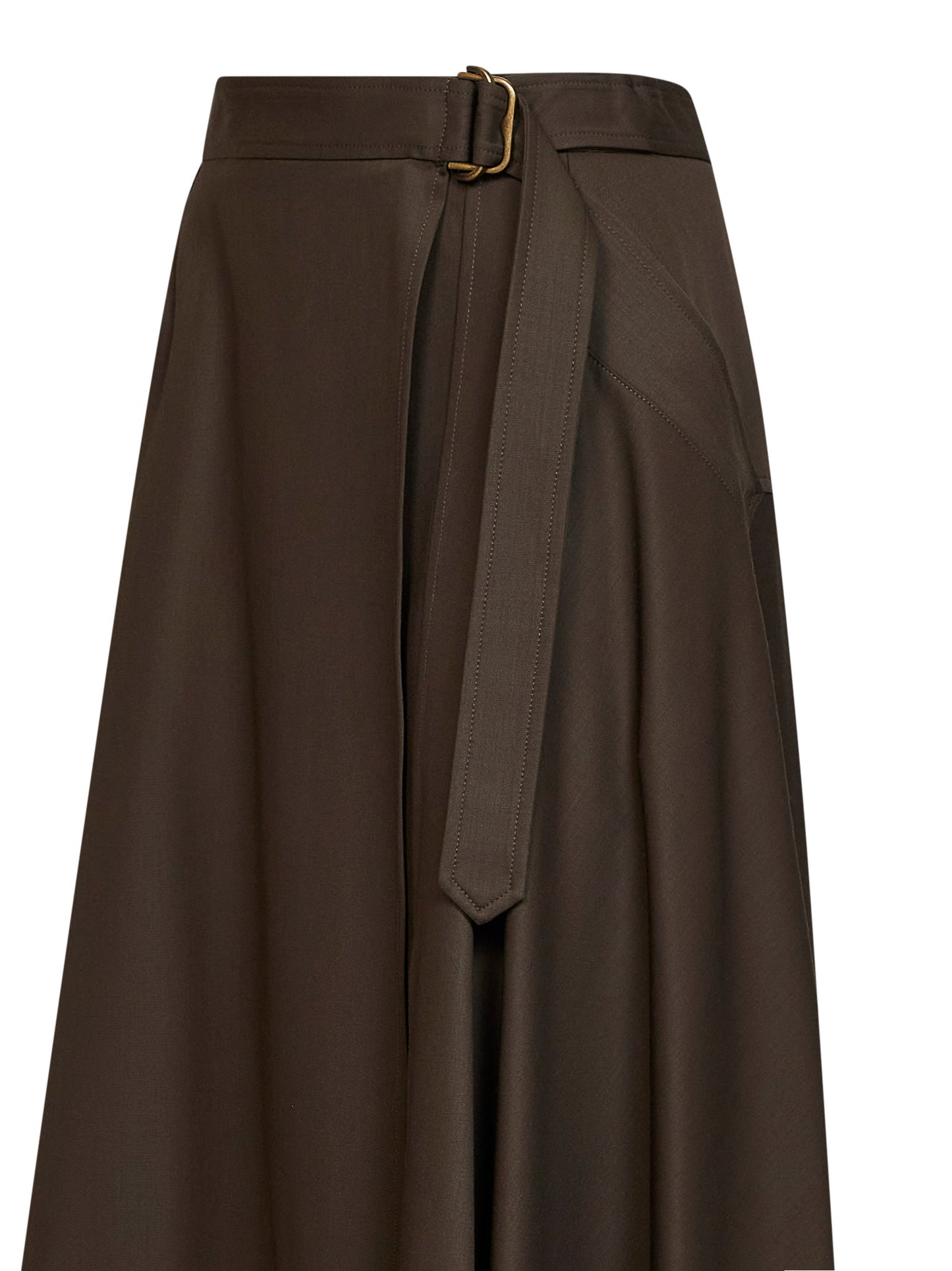 Green wool twill belted midi skirt